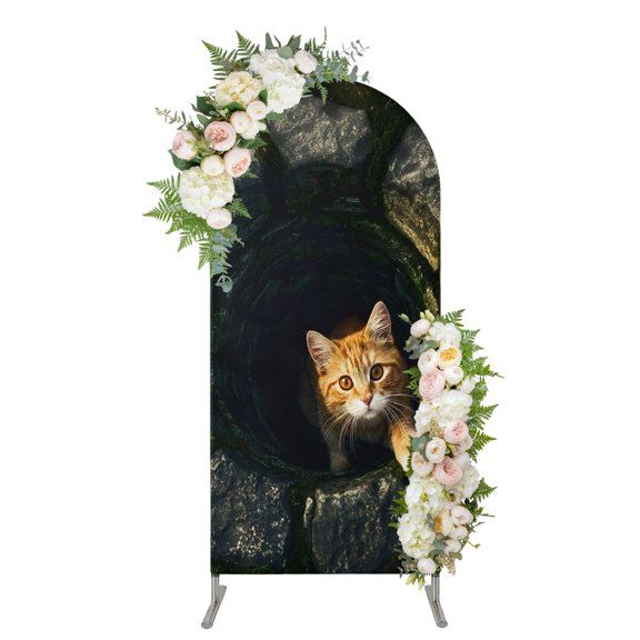 Cat Arch Backdrop Cover 4FT, Stone Well Darkness Rustic Mysterious Spandex Fitted Stretchy Arch Stand Covers, Round Top Chiara Backdrop Cover for Wedding Party Birthday Baby Shower