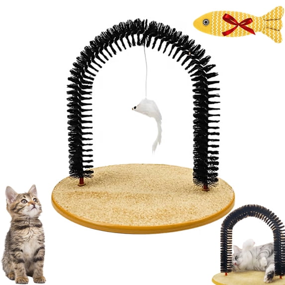 Cat Arch Scratcher, Cat Self Groomer, Cats Face Back Scratchers, Self Grooming Cats Brush, 2-in-1 Grooming Station & Scratching Base for Indoor Cats, with Fish-Shaped Cats Toy