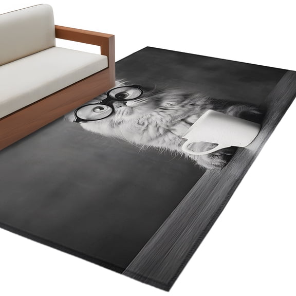 Cat Area Rug 4x6 Washable Rug Non Slip Black Grey Cup Glasses Funny Animals Large Area Rug Indoor Floor Carpet for Entryway Bedroom Kitchen Living Room Home Office Dining Room Nursery