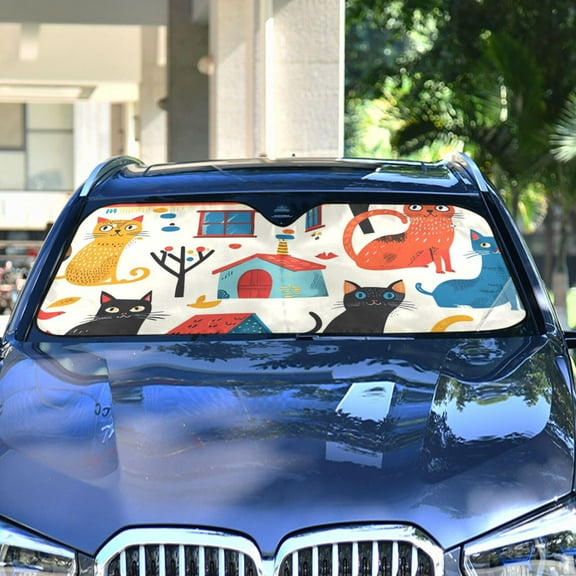 Cat Around Houses Automotive Front Car Windshield Sun Shade Reflector Foldable for Front Fit for Cars Truck SUVs