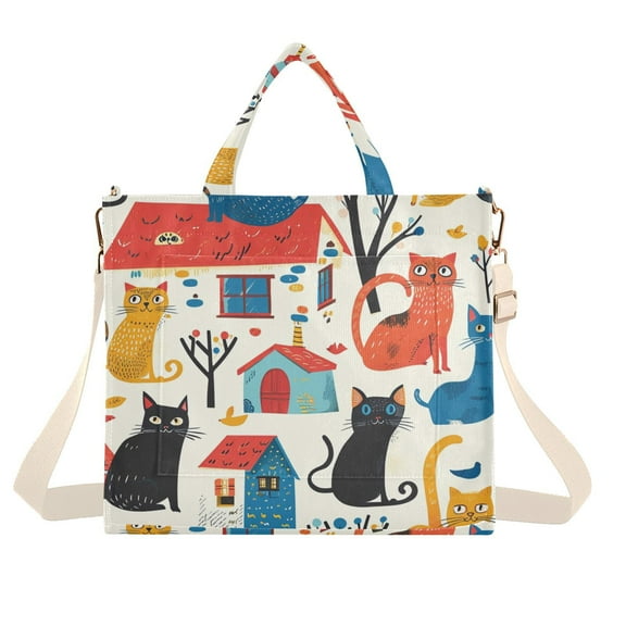 Cat Around Houses Corduroy Tote Bag Handbag Large Messenger Bag Shoulder Crossbody Zipper Bag Purse