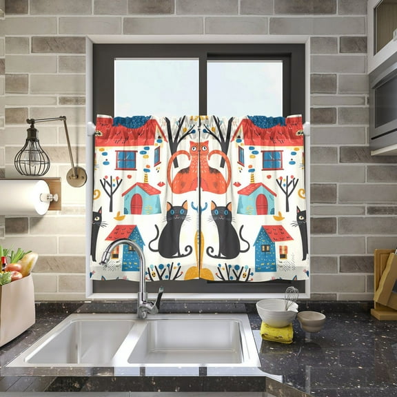 Cat Around Houses Kitchen Curtains Half Tier Curtain 2 Rod Pockets Bathroom Bedroom Cupborad Living Room 27"x24"