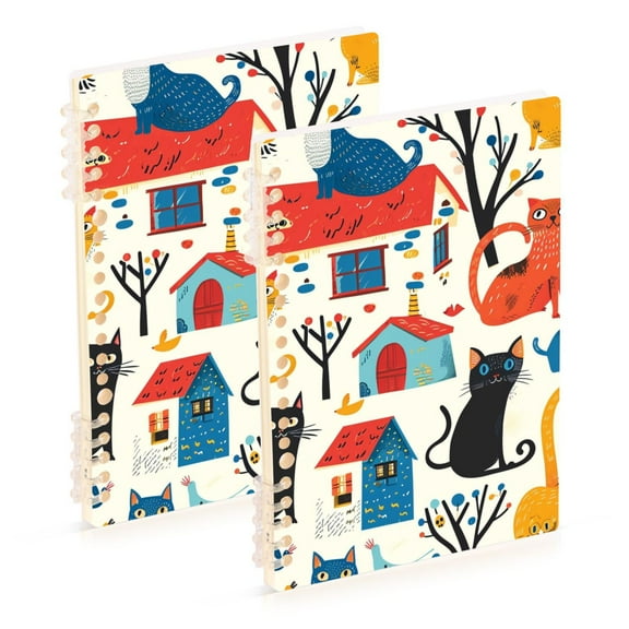 Cat Around Houses Ring Binder Notebook Journey Note Diary College Ruled Spiral Notebook Study Loose Leaf Paper A5 60 Pages