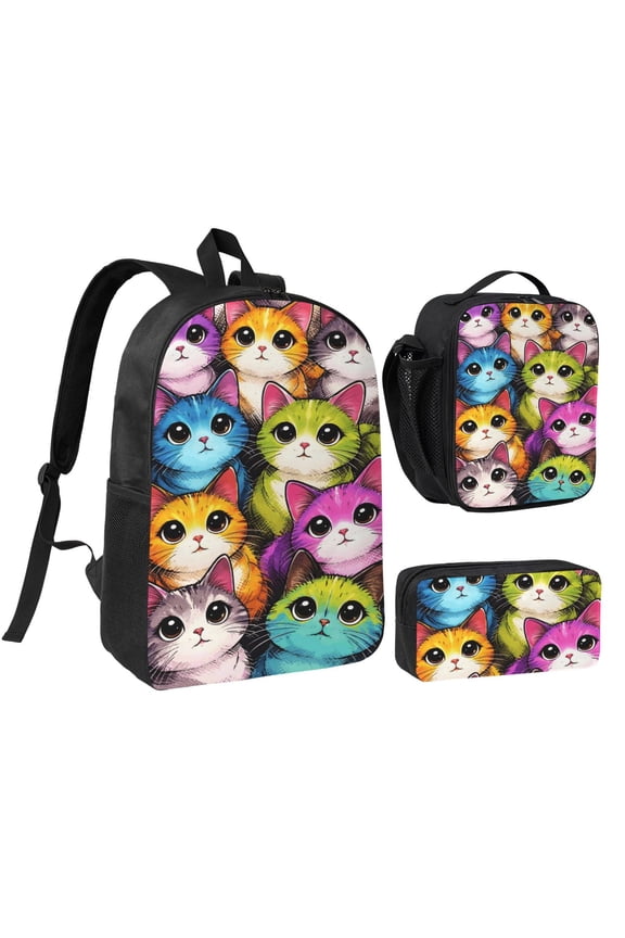 Cat Art Cute Pop Kitty Backpack Set 3pc ，Backpack with Lunch Bag and Bag 17 Inch