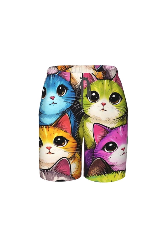 Cat Art Cute Pop Kitty Beach Pants Teen Shorts with Mesh Lining and Drawstring