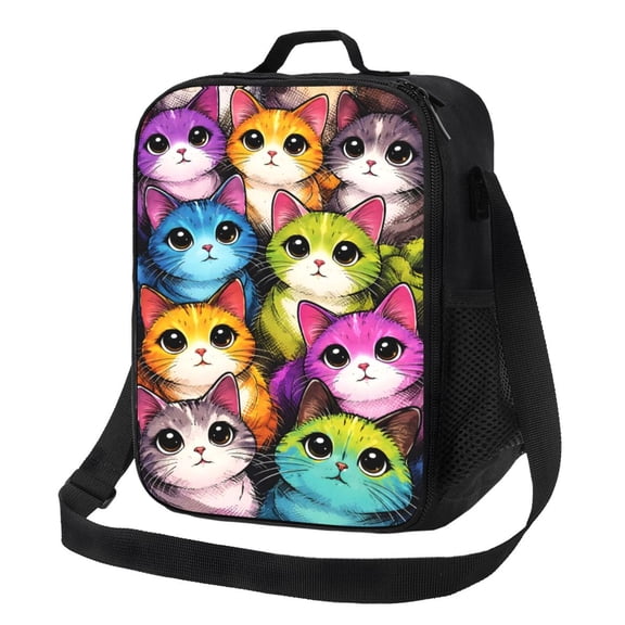 Cat Art Cute Pop Kitty Lunch Bag Insulated Thermal Box with Shoulder Strap & Handle for Work and Picnic
