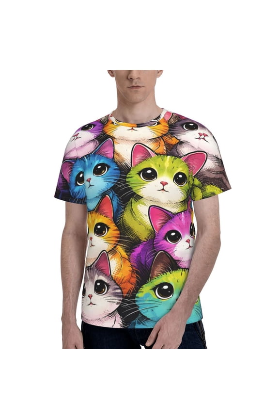Cat Art Cute Pop Kitty T-Shirt Crew Neck Short Sleeve Full-Print for Men
