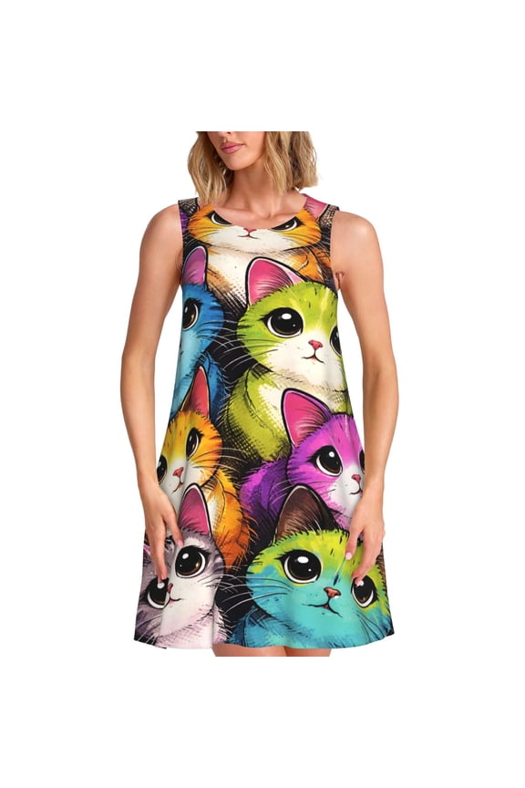 Cat Art Cute Pop Kitty Women's Dresses Sleeveless Nightdresses for Summer