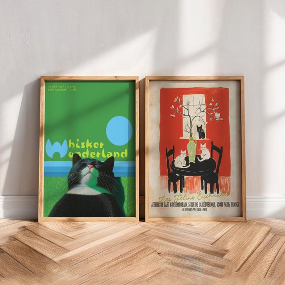 Cat Art French Feline Wall Decor Set 2 Unframed Paper Print 8x12