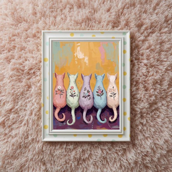Cat Art Print Pastel Cat Wall Decor Whimsical Colorful Animal, Unframed Poster