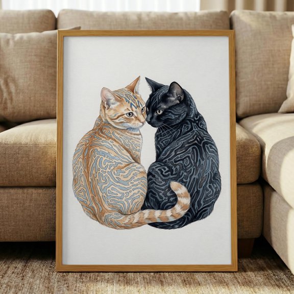 Cat Art Print , Yin Yang Feline Wall Decor, Labyrinth Pattern Pet Poster, Orange And Black Cats, Eclectic Animal Lover Gift , Poster Print Only