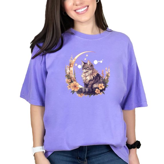 Cat Art T-Shirt, Floral Moon Cat Graphic Tee, Cute Cat Shirt, Nature Inspired Cat Print, Artistic Cat Lover Gift, Cat Themed Apparel, Violet Comfort Colors T-Shirt, 3XL