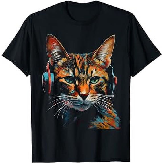 Cat Artwork Music Headphones Colourful Animal Cat T-Shirt