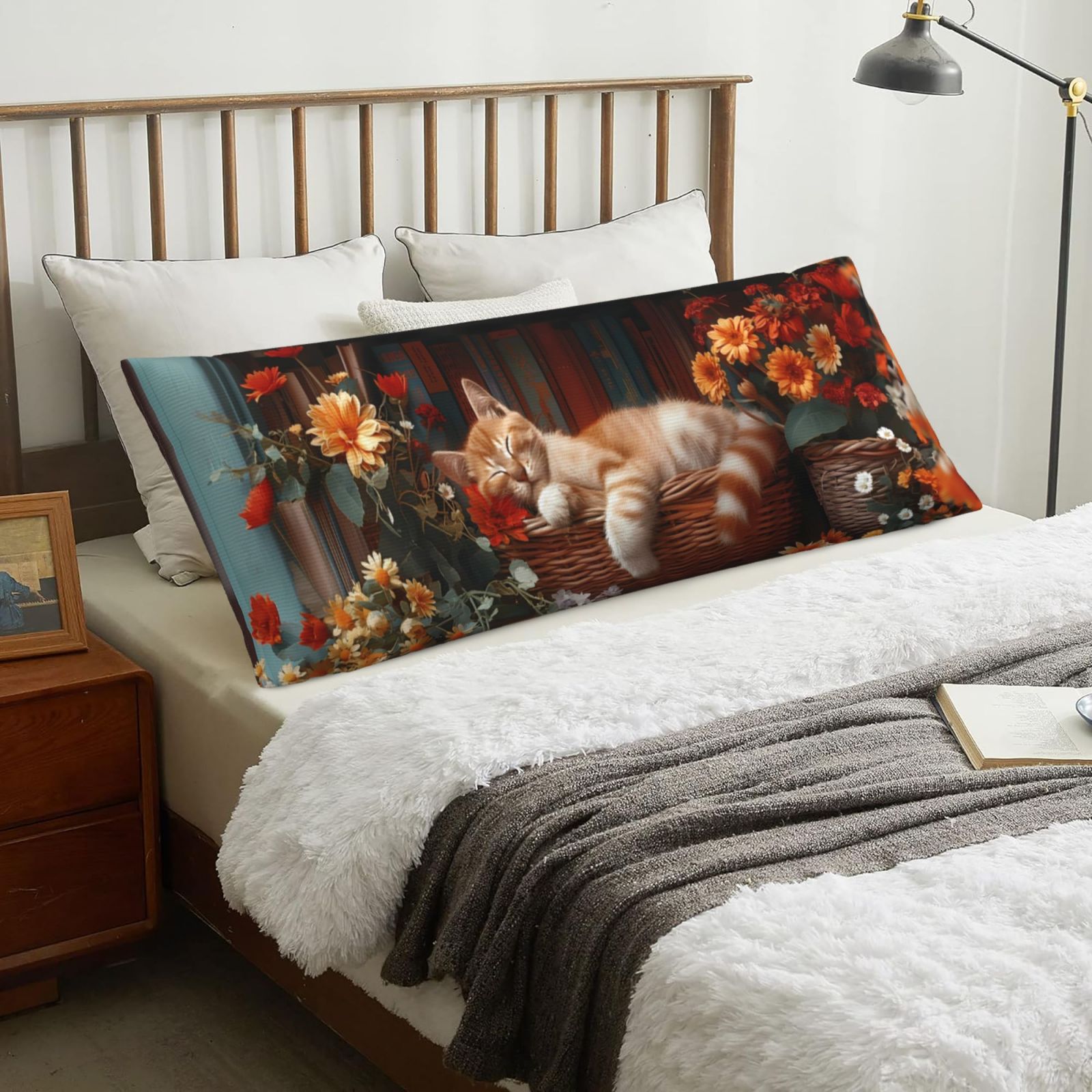 Cat Asleep Among Flowers Long Body Pillow Cover Hidden Zipper Body