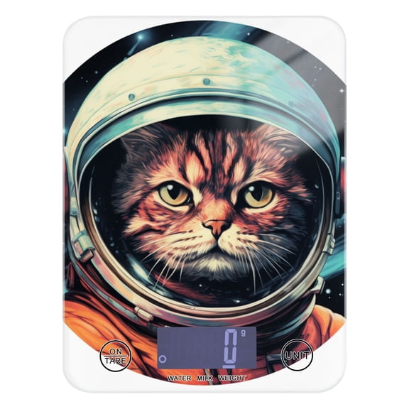 Cat Astronaut Circle Food Scale Digital Kitchen Scale Waterproof Tempered Glass Tare Function 11 lb for Baking Cooking Meal Prep