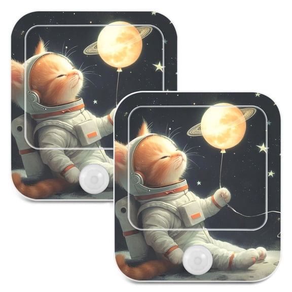 Cat Astronaut in Moon Stars Night Lights Plug into Wall LED with Auto Light Sensor Warm Light for Kids Hallway Bedroom Living Room Kitchen Bathroom Set of 2