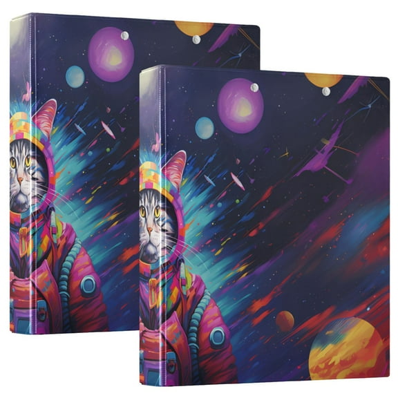 Cat Astronaut Planets Colorful 3 Ring Binders 1.5 inch Hardcover File Folders with Interior Pockets A4 Size Organizer for School Office Hospital Set of 2
