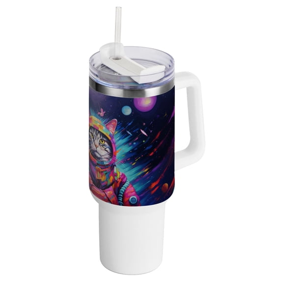 Cat Astronaut Planets and Moon 40 oz Tumbler with Handle Insulated&nbsp;Travel Mug&nbsp;Lid Straw Leak Proof Steel Vacuum Water Bottles Glasses Fits in Car Cup Holder