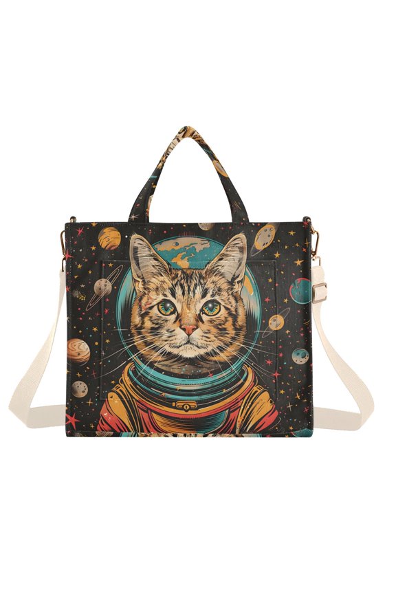 Cat Astronaut Planets Universe Corduroy Tote Bag Handbag Large Messenger Bag Shoulder Crossbody Zipper Bag Purse
