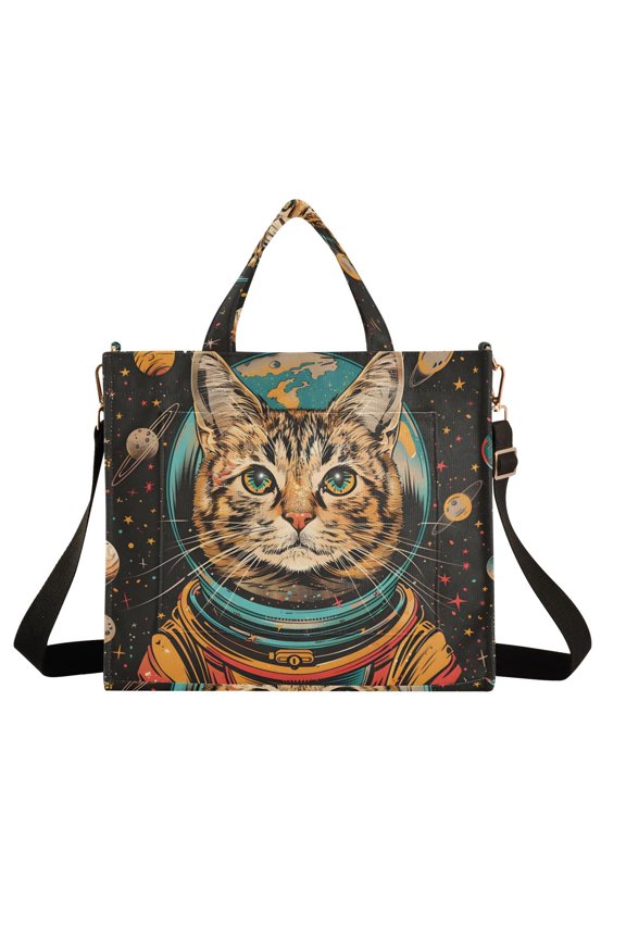 Cat Astronaut Planets Universe Corduroy Tote Bag Handbag Large Messenger Bag Shoulder Crossbody Zipper Bag Purse