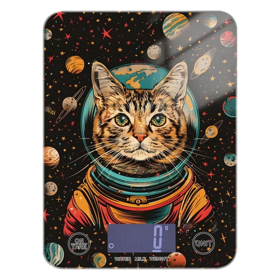 Cat Astronaut Planets Universe Food Scale Digital Kitchen Scale Waterproof Tempered Glass Tare Function 11 lb for Baking Cooking Meal Prep