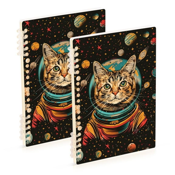 Cat Astronaut Planets Universe Ring Binder Notebook Journey Note Diary College Ruled Spiral Notebook Study Loose Leaf Paper A5 60 Pages