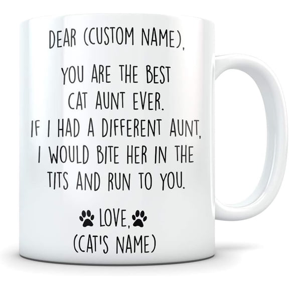 Cat Aunt Mug, 11oz White Ceramic Modern Letter Print Coffee Cup for Cat Lovers