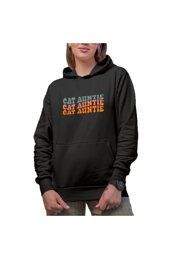 Cat Auntie, Cat Lover Aunt Themed, Groovy Retro Wavy Text Merch Gift, Black Hooded Sweatshirt or Hoodie, Medium