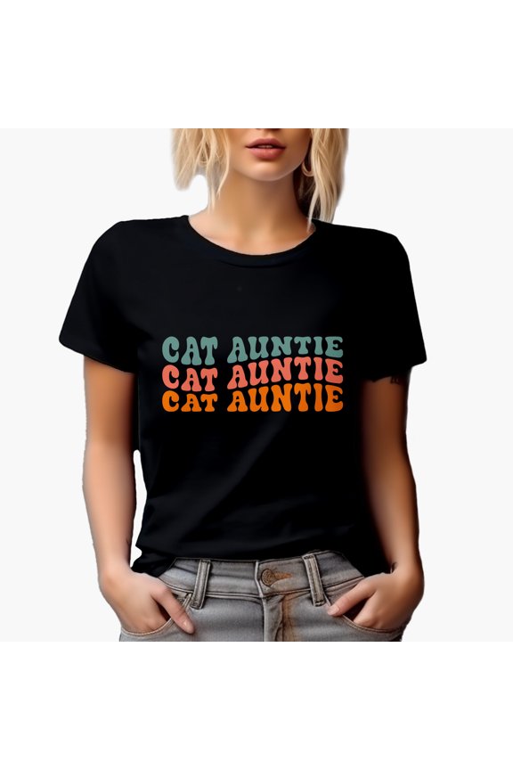 Cat Auntie, Cat Lover Aunt Themed, Groovy Retro Wavy Text Merch Gift, Black T-Shirt, 2XL