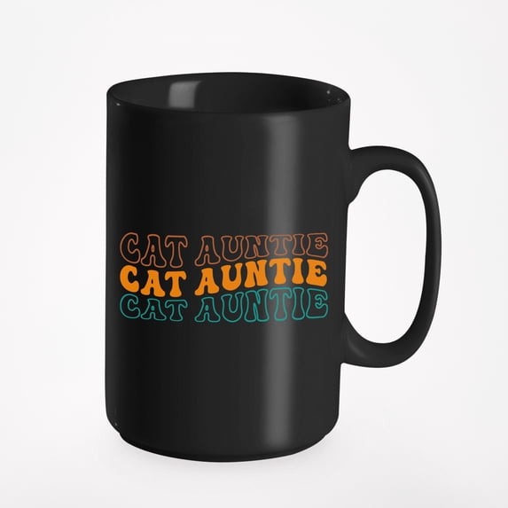 Cat Auntie, Cat Lover Aunties Themed, Groovy Retro Wavy Text Merch Gift, Black 15oz Ceramic Mug