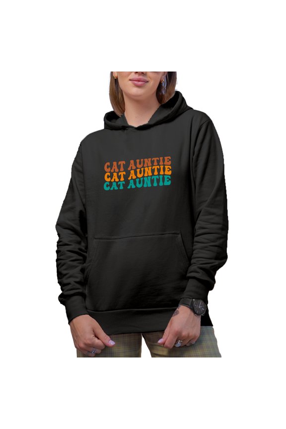 Cat Auntie, Cat Lover or Owner Aunt Themed, Groovy Retro Wavy Text Merch Gift, Black Hooded Sweatshirt or Hoodie, 2XL