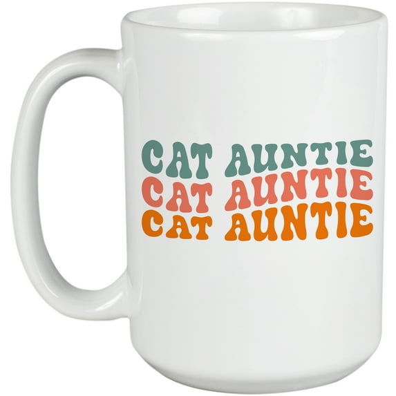Cat Auntie, Name for an Aunt of Cats, Groovy Retro Wavy Text Merch Gift, White 15oz Ceramic Mug