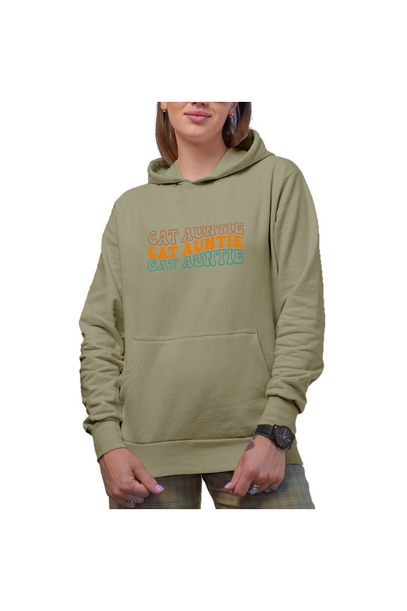 Cat Auntie, Title for an Aunt of Cats, Groovy Retro Wavy Text Merch Gift, Sand Hooded Sweatshirt or Hoodie, Small
