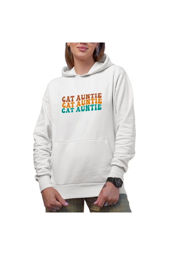 Cat Auntie, Title for an Aunt of Cats or Kitties, Groovy Retro Wavy Text Merch Gift, White Hooded Sweatshirt or Hoodie, Medium