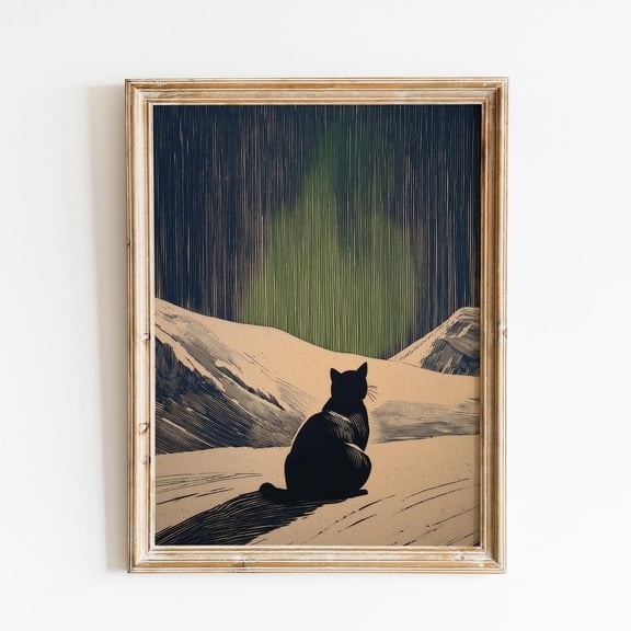 Cat Aurora Northern Lights Night Wall Art Decor Unframed Paper Print