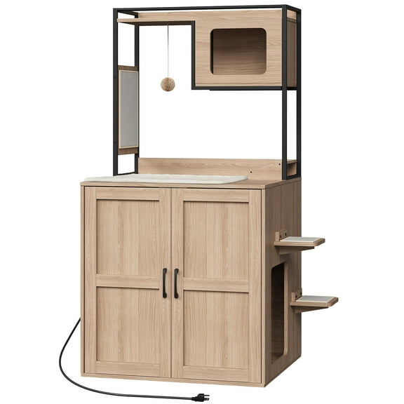Cat Automatic Litter Box Enclosure Furniture, 30.5" L x 26.8" W x 61" H, Hidden Robotic Litter Box Cabinet, Dog-Proof Shelf with Charging Station, Scratching Mat, Bowls, Natural NL68UMZ03