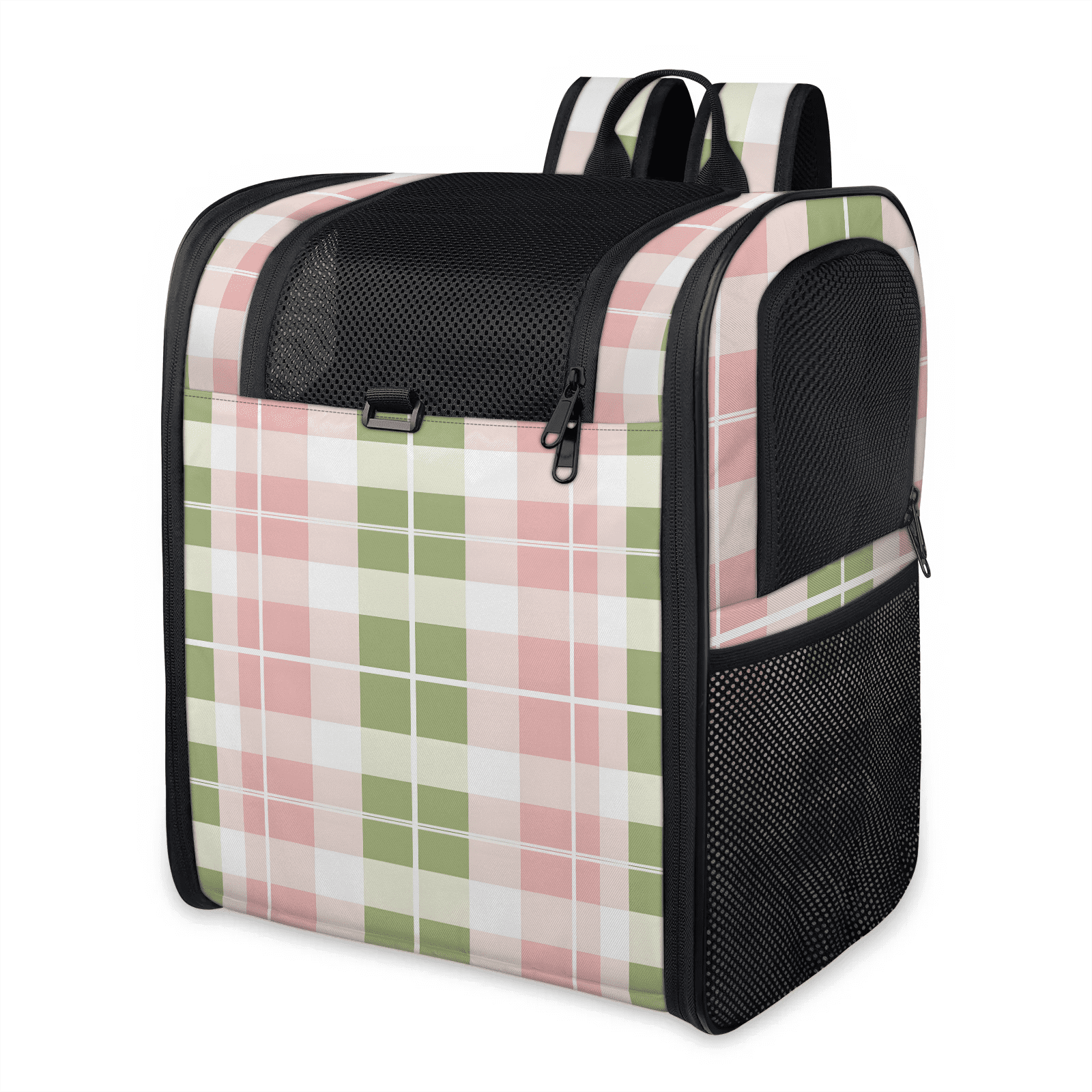 Cat Backpack Carrier, Breathable Pet Carrier Backpack for Small Animals,Pink Green Plaid, for Outdoors,Travel, Hiking