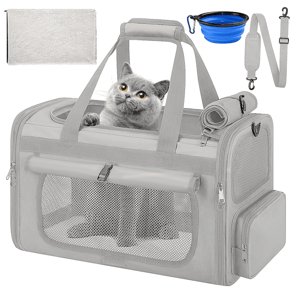 CshidWorld Collapsible Cat Carrier Pet Carrier for Large Cats (up to 25lbs), TSA Airline Approved Cats Carrier Soft Sided, Small Dog Travel Bag with a Bowl/Safety Leash-Gray