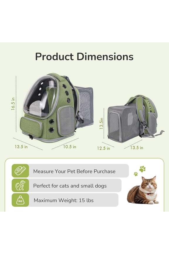 Cat Backpack Carrier for Large Cats, Expandable Cat Bubble Backpack, Dog Carriers for Small Medium Dogs, Airline Approved Pet Carrier for Travel Hiking Outdoor(Green)