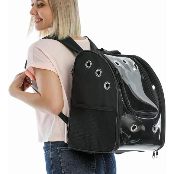 Cat Backpack Carrier Pet Buble for Cat Dog Animal Breathable 11 Holes Foldable Small Medium LargeTransparent Large Space Great for Easy Travel Airline Hiking Outdoor Up to 22 Lbs (Black)