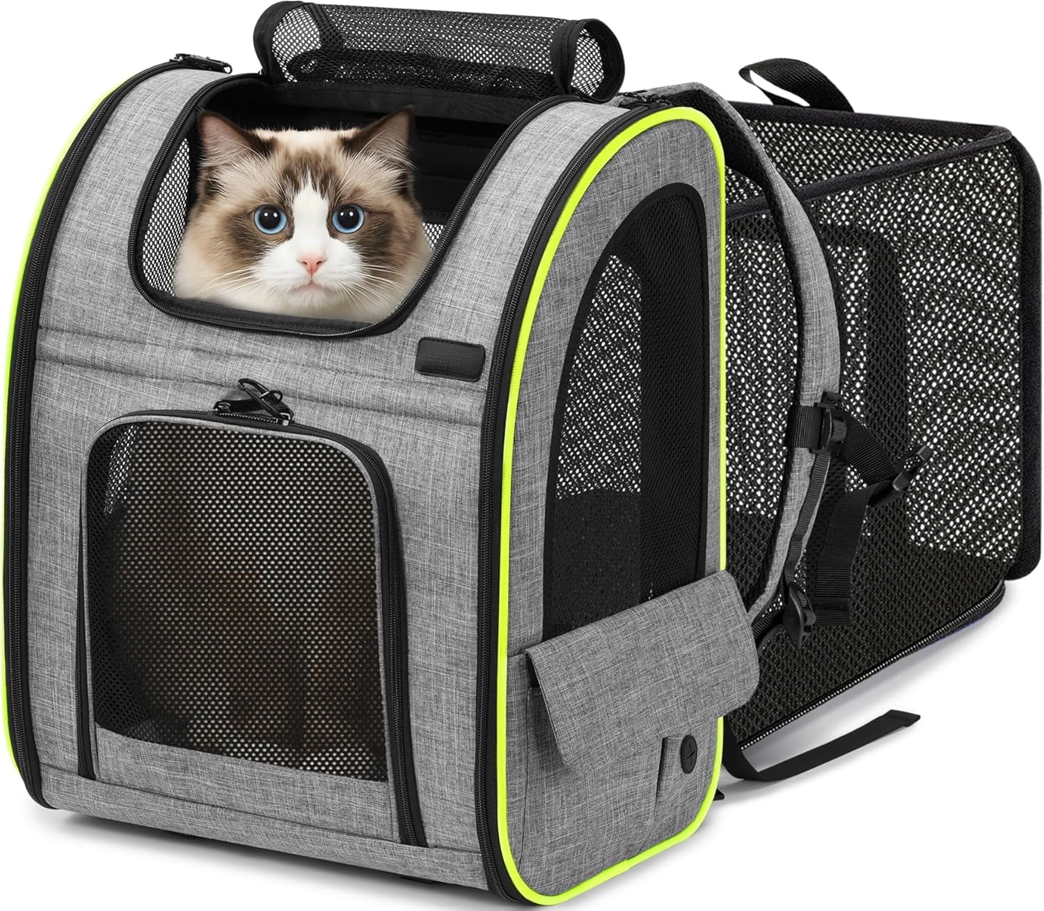 Cat Backpack Carrier XL, Expandable Pet Backpack for Cats & Small Dogs Up to 15lbs, with 4-Side Breathable Mesh, Multi-Entry & Lockable Zippers for Travel, Hiking, Camping - Hands Free, Gray
