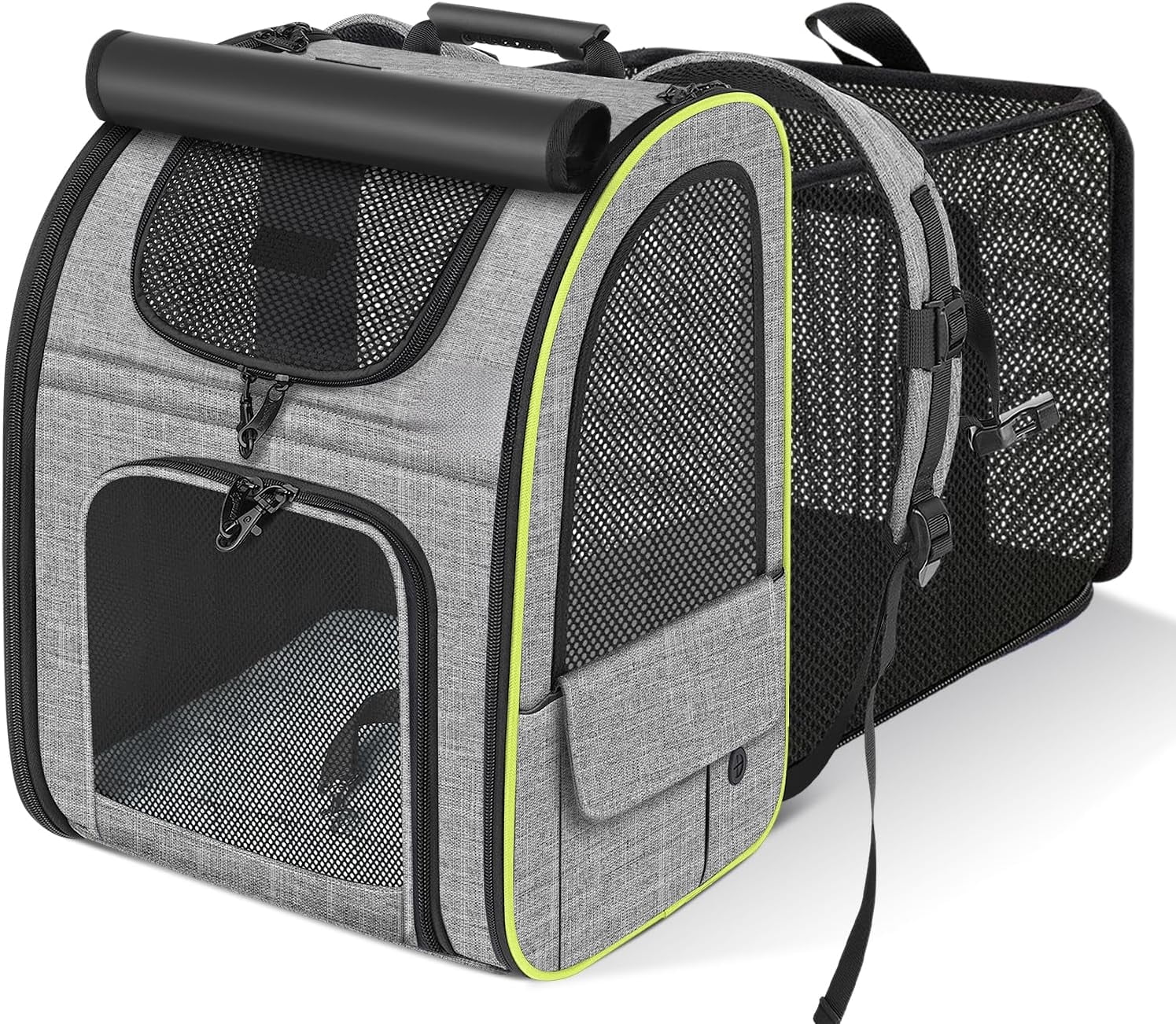 Cat Backpack Carrier XL, Expandable Pet Backpack Curtain Design for Cats Dogs Up to 15lbs, with 4-Side Breathable Mesh, Multi-Entry & Lockable Zippers for Travel, Hiking, Camping - Hands Free