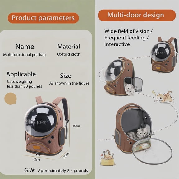 Cat Backpack Carrier with Breathable Bubble Window for Small Dogs and Large Cats up to 18lbs, Foldable Travel Hiking Pet Bag (Brown)