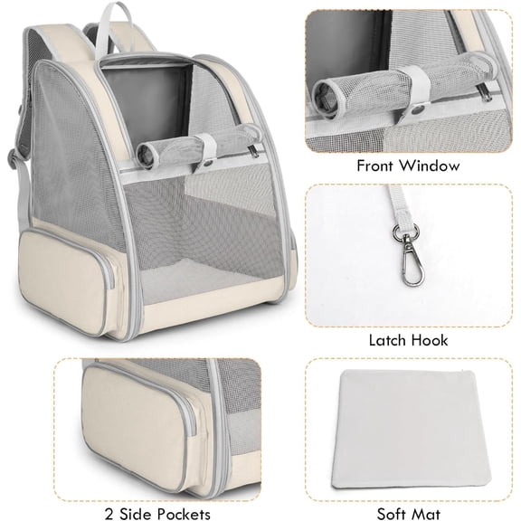 Cat Backpack Carrier with Toy, Large Ventilated Mesh Pet Bag for Small Dogs Cats up to 15lbs, Airline Approved Travel Bookbag (Beige)