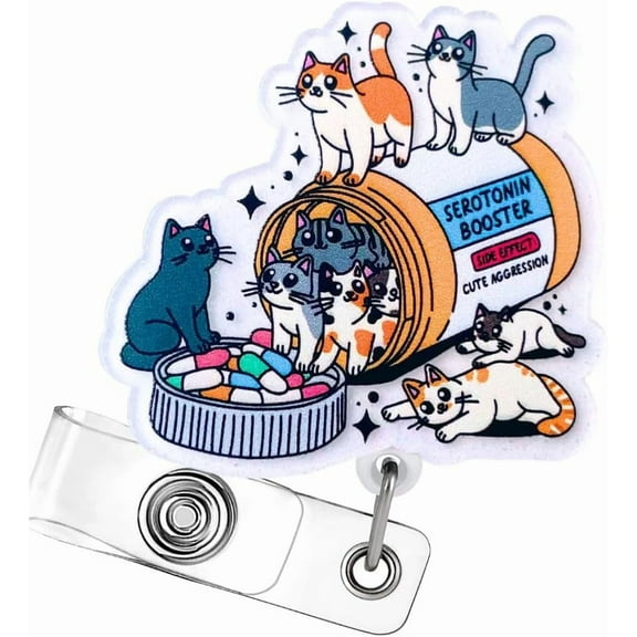 Cat Badge Reel Funny Nurse Cats Mom Lovers Retractable Clip Holder Happy Pills Booster Cute Nursing Vet Tech Technician Veterinary Pharmacy Mental Health RN Medical Worker Office Accessories Gifts