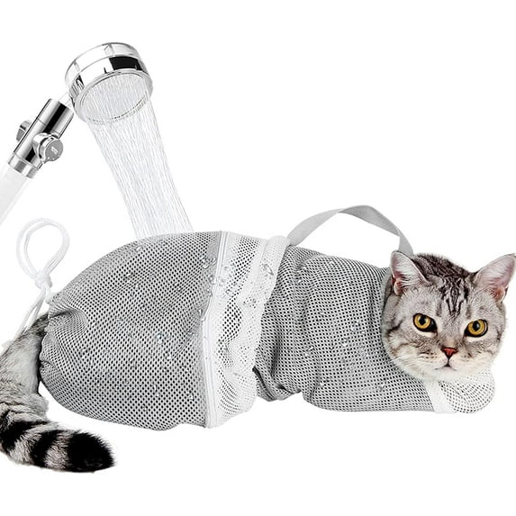 Cat Bag for Bathing Set with Cat Grooming Washing Bag Adjustable Pet Shower Brush - Cat Bathing Mesh Bag Anti Scratch Anti Bite Soft Durable for Cats & Dogs Restraint Grooming Nail Trimming Washing