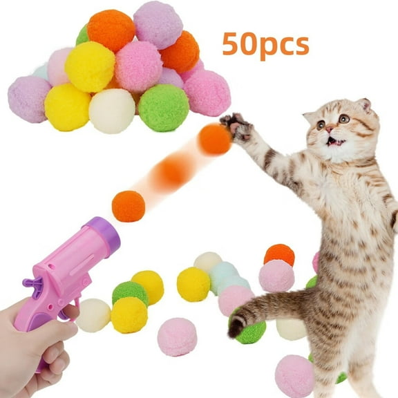 Cat Ball Toy Launcher Gun,Cat Balls Fetch Toy,50Pcs Plush Fuzzy Balls Launcher Cat Toy for Cats,Cute Kitten Kitty Toys,Funny Interactive Cat Toys for Bored Indoor Adult Cats