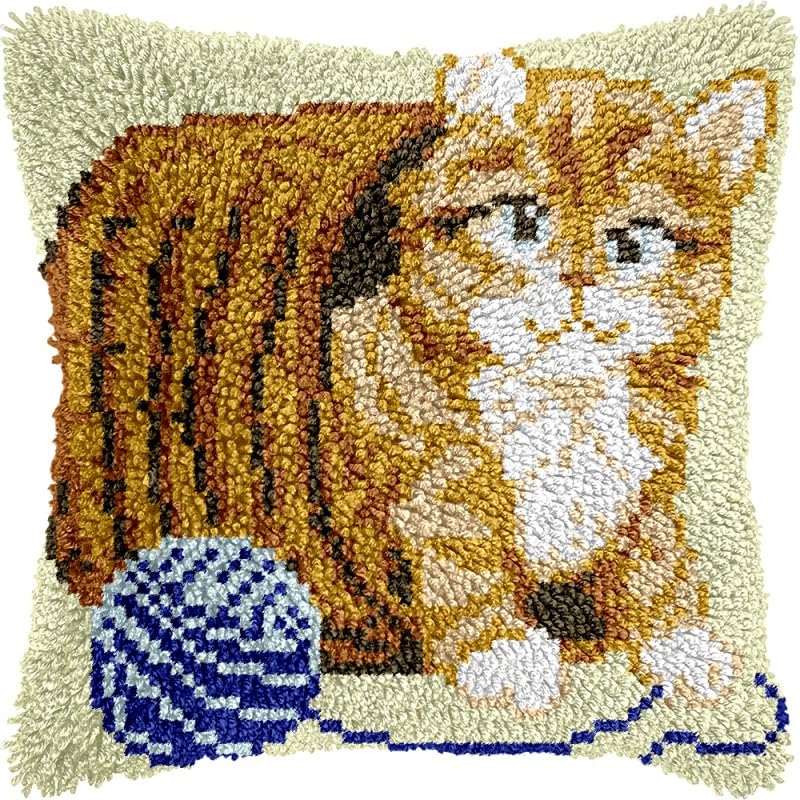 Cat & Ball of Yarn Latch Hook Pillow Kits Pillow Cover with Pattern Printed Canvas Crochet Cross Hooking Pillowcase Cushion Crafts Embroidery Latch Hooking Crochet Kits 17x17 inch(104)
