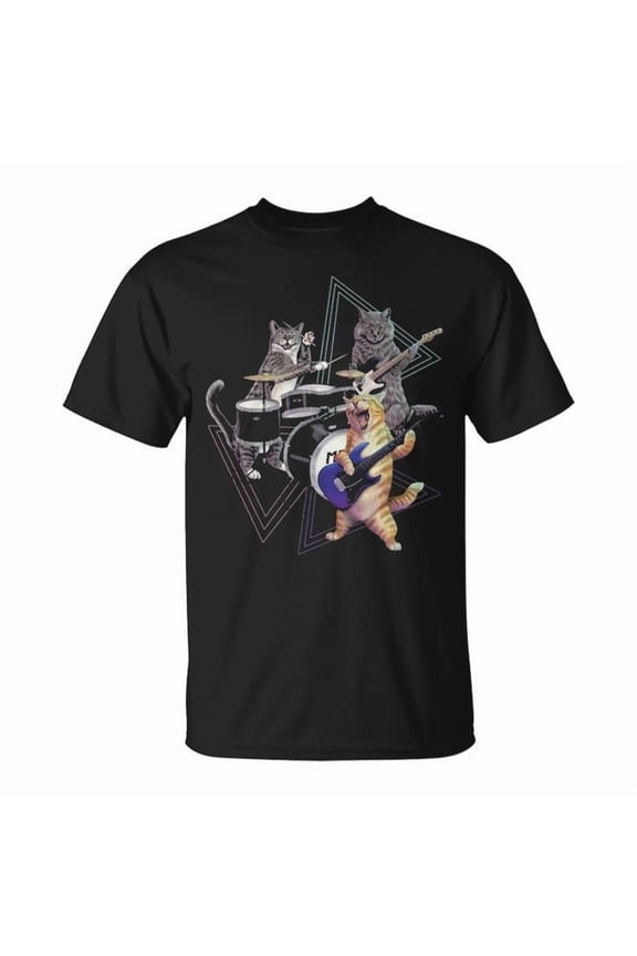 Cat Band Rock Kitties Graphic Tee Unisex Adult Cotton Casual Music Lover T-Shirt with Bass Guitar and Drum Set Design for Cat Enthusiasts, Size XL, Color Black