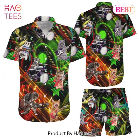 Cat Band Shirt Cat Play Guitar Rocker Music Style Hawaiian Shirt Funny cat Gift For Cat Lo